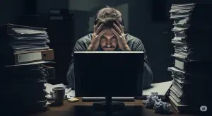 גבר יושב במשרד חשוך, מתוסכל ומחזיק את ראשו. הוא מוקף בערימות גבוהות של ניירת, המבטאות תחושה של עומס ומבוי סתום.